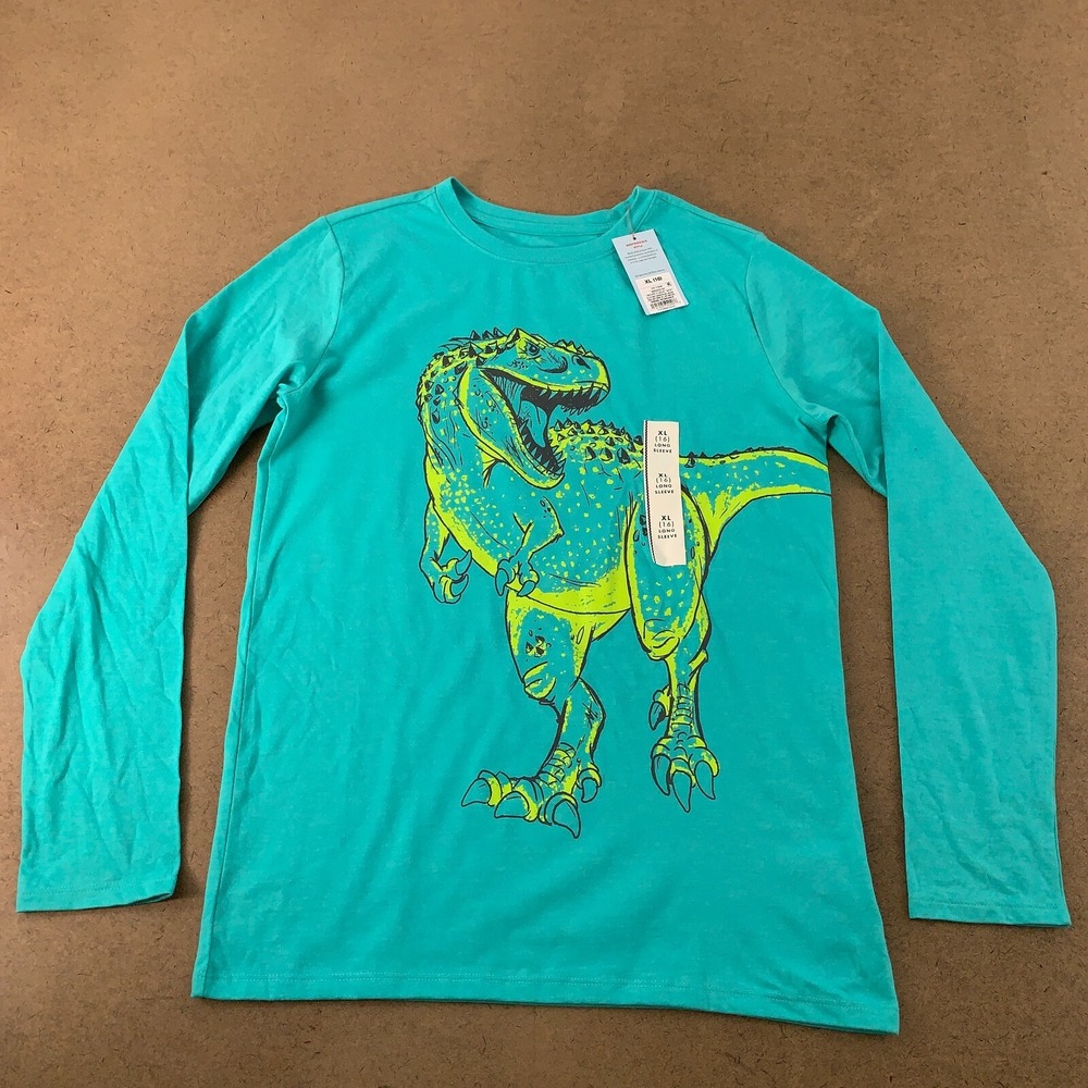 Cat & Jack Boys Size XL (16) Green Dinosaur Graphic Long Sleeve T-Shirt NWT